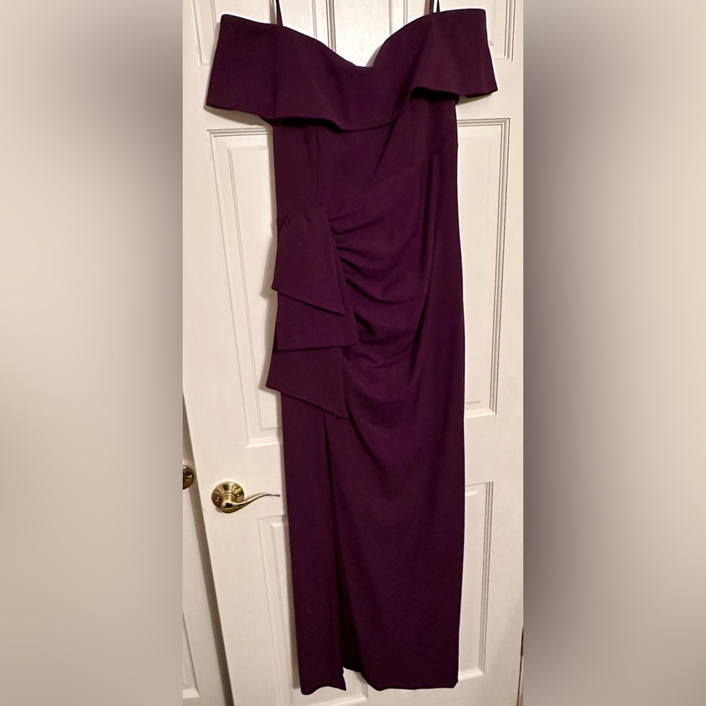 Xscape Deep Plum Off-Shoulder Ruffle Maxi Dress